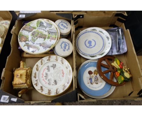 A collection of pottery to include Wedgwood plates, trinket boxes, Edwardian fine bone china plates depicting local collierie