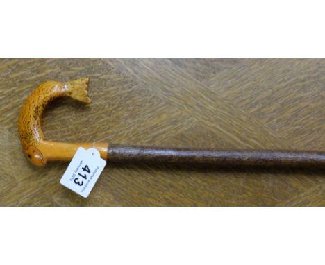 Walking Stick, Hazel wood with carved Fish handle