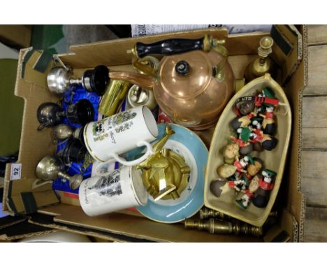 A collection of items to include copper Kettle, Brass ware, EPNS Silver plated Cricket Trophy's, mini football figures, Silve