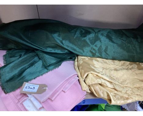 A quantity of fabric including pale pink curtains [faded] Green fabric