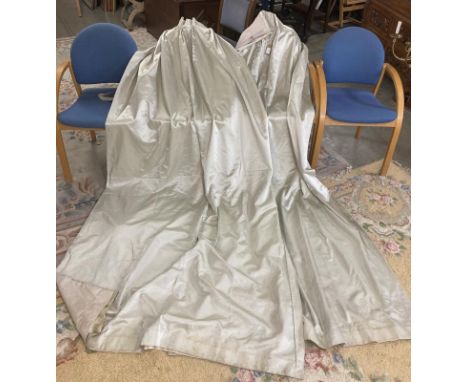 A pair of vintage oyster colour satin curtains (239.5 length top 65cm bottom 138cm