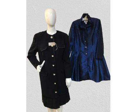 Metallic Blue button up coat A/F. Size 10 .And Blue button up dress with pleated hem louis feraud size 18