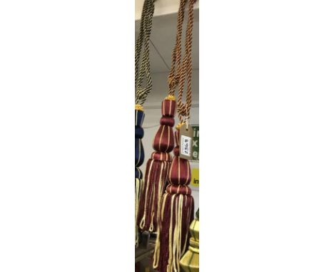 one pair of dark red &amp; gold curtain tie backs with tassels