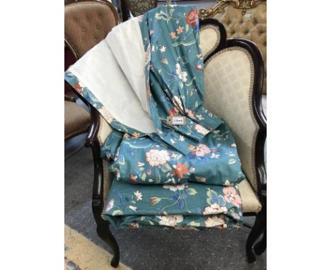 Three fully lined curtains in a lovely flower design on a teal green backgroundmeasurements 60cm top x 208cm long x 124cm bot