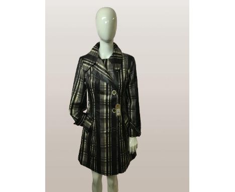 Italian designer silk checked trench coat zebra print lined, size 12 button missing from cuff