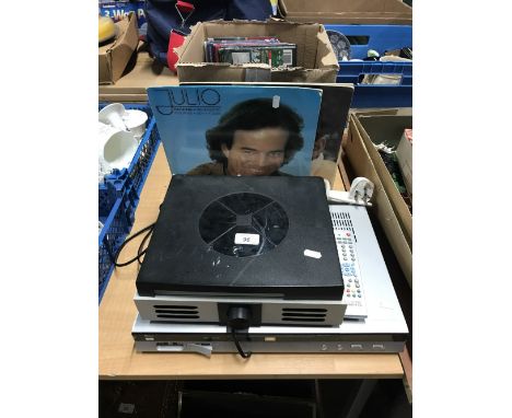 1 BOX OF RECORDS / DVD, RECORD PLAYER & DVD PLAYER