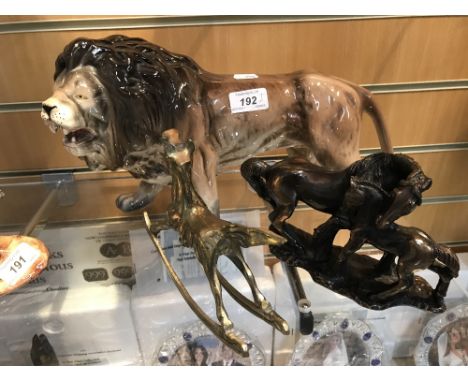 SMALL BRASS ROCKING HORSE , HORSES & CERAMIC LION FIGURE