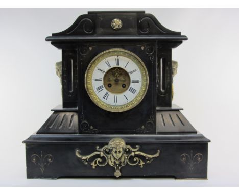 Victorian and later black slate mantel clock, W49cm, H45cm