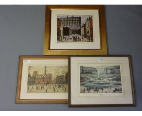 'Piccadilly Gardens', colour print after L S Lowry 23cm x 32cm and two other similar scenes (3)