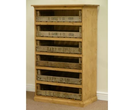 Reclaimed waxed pine bakers chest fitted with six vintage trays, W88cm, H143cm, D51cm