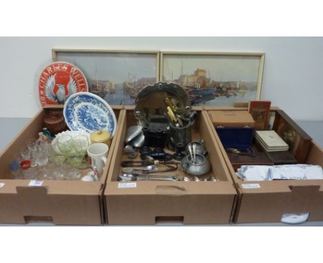 Hallmarked silver sugar nips, two hallmarked silver spoons, silver plate, 19th century drinking glass and other glassware, de