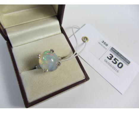 Cabochon opal white gold ring with diamond shoulders hallmarked 18ct