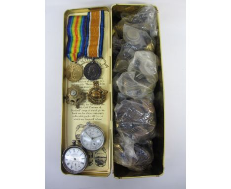 Pair WWI medals issued to 23850 Pte. J Bielby E. Yorks. R., two cap badges, two pocket watches and a collection of British an