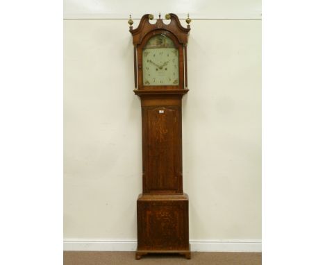 Early 19th century oak and mahogany banded longcase clock with inlaid detail, painted enamel farming scene dial with 30 hour 