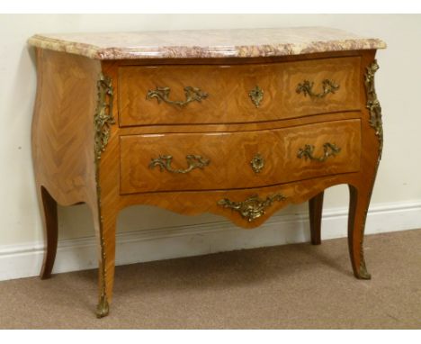 Quality Louis XV style Kingwood marquetry commode chest fitted with two drawers, ormalu mounts and fittings, moulded pink mar