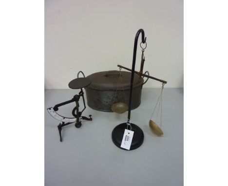 19th century fish kettle, early 20th century kitchen scale, another set of scales