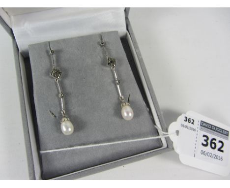 Pair of cultured pearl and marcasite pendant ear-rings stamped 925
