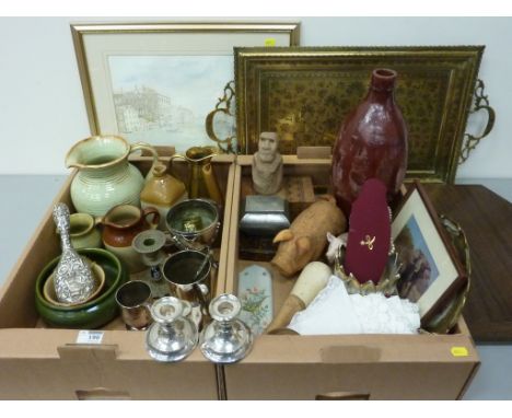 Pair hallmarked silver candlesticks H8cm, hallmarked silver backed hairbrush, eastern silver-plated tea caddy, ornate brass t