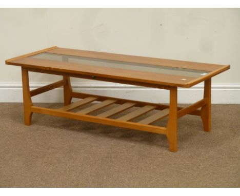 Vintage retro teak rectangular coffee table with glass inset top and under-tier, 112cm x 46cm, H36cm