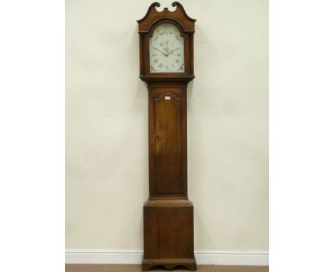 Late 18th century oak and mahogany banded longcase clock, 30 hour clock striking movement, painted enamel dial signed 'JNo (J