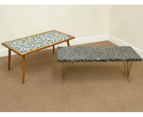1950's vintage retro rectangular coffee table on chromed base, black and white patterned top (101cm x 40cm, H37cm), and anoth