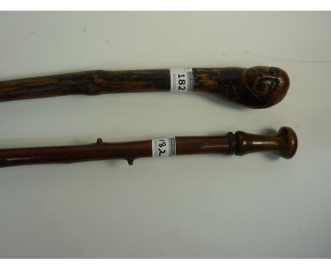 19th century thorn walking stick with pointed cast iron ferrule and a 19th century Irish black thorn stick the handle carved 