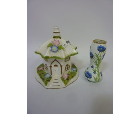 Moorcroft Enamel miniature vase signed E.W.  H9.5cm and a Coalport cottage 'The Umbrella House' (2) 