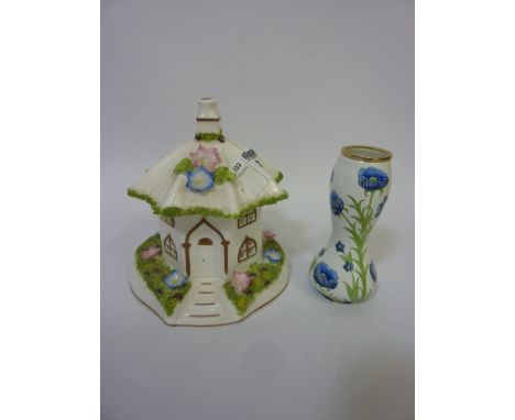 Moorcroft Enamel miniature vase signed E.W.  H9.5cm and a Coalport cottage 'The Umbrella House' (2) 