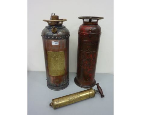 Two vintage fire extinguishers - 'Waterloo' and 'Rex' and an early 20th century brass pump