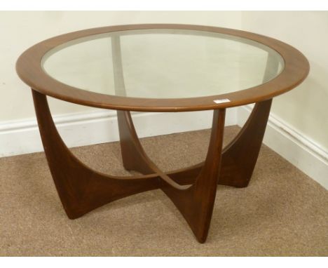 Vintage retro circular teak coffee table with inset glass top, D84cm, H45cm