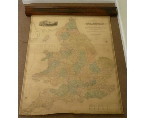 Large antique retractable Ordnance Survey map of England and Wales drawn by R. Creighton, engraved by J. Dower and published 