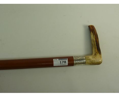 Victorian malacca walking stick with antler handle and silver mount inscribed 'H Foden Macclesfield' and hallmarked Chester 1