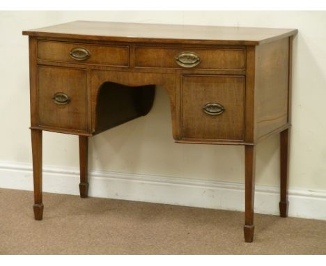 Late 19th century mahogany bow front kneehole desk/dressing table fitted with four drawers, raised on spade feet legs, W100cm
