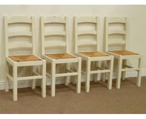 Early 20th century set four painted oak farmhouse style ladder back chairs with drop in rush seats
