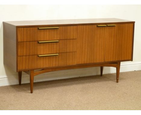 Vintage retro rosewood finish sideboard fitted with cupboard and three drawers, W152cm, H76cm, D45cm