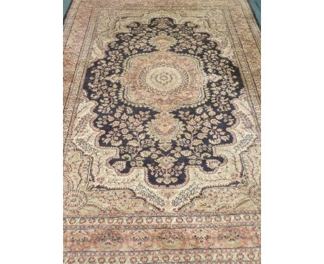 Satin Srinagar blue and beige ground rug carpet, 281cm x 181cm 