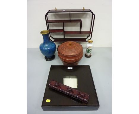 Two cloisonne vases with stands H30cm and 18cm overall, rice pot, Chinese ceramic platter in wooden box, carved wood chopstic