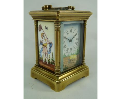 Miniature brass carriage clock bevelled glass with painted enamel dial and side panels, H8cm