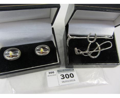 Pair of equestrian brooches and a pair of enamel pheasant cuff-links stamped 925