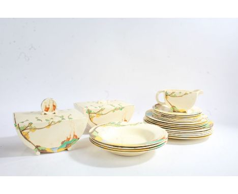 Clarice Cliff Bizarre 'Secrets' part dinner service, comprising two tureens, saucer boat, four soup bowls, five dinner plates