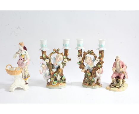 A collection of 19th/20th century porcelain figures, to include a pair of candelabras depicting children playing, a 19th cent