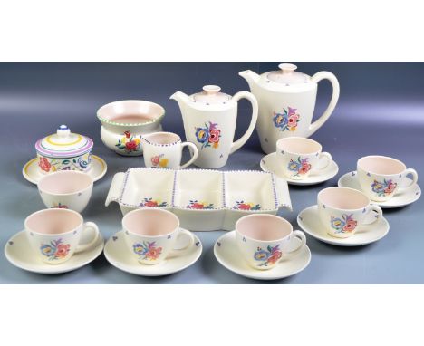 Truda Carter - Poole Pottery - an original retro six piece hand painted Poole Pottery tea / coffee service, with floral artwo