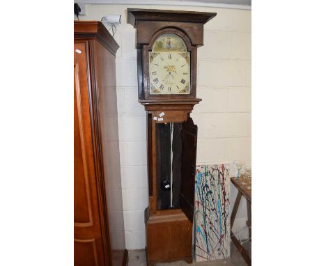 LONGCASE CLOCK WITH OAK CASE AND PAINTED DIAL SIGNED J WILKINSON, LEICESTER (A/F)