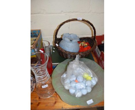 TWO STUDIO GLASS VASES TOGETHER WITH A LARGE GLASS BOWL, BAG OF GOLF BALLS, GLASS LAMP SHADE ETC