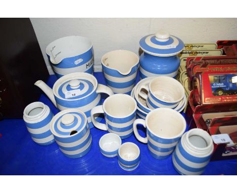 QUANTITY OF T G GREEN CORNISH KITCHEN WARES COMPRISING JUGS, TEA POT, CUPS AND SAUCERS ETC