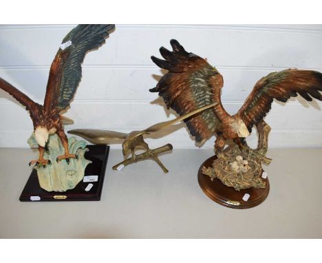 TWO CERAMIC MODELS OF EAGLES BY ELAN AND A BRASS EAGLE