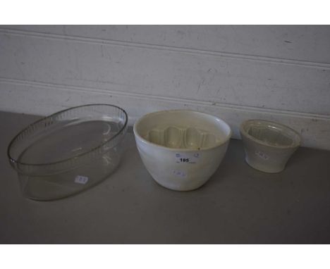 TWO LATE 19TH CENTURY CERAMIC JELLY MOULDS TOGETHER WITH A GLASS DISH (3)