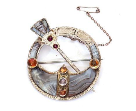 Antique Victorian Scottish Penannular Celtic brooch, agate and citrine set, circa 1860, stamped verso with a Victorian lozeng