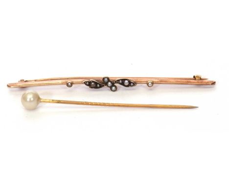 9ct stamped seed pearl set brooch, 75mm long together with a pearl finial set stick pin