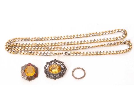 Mixed Lot: Vintage Scottish citrine and agate circular brooch, a two tone coloured flattened curb link necklace, a rope twist